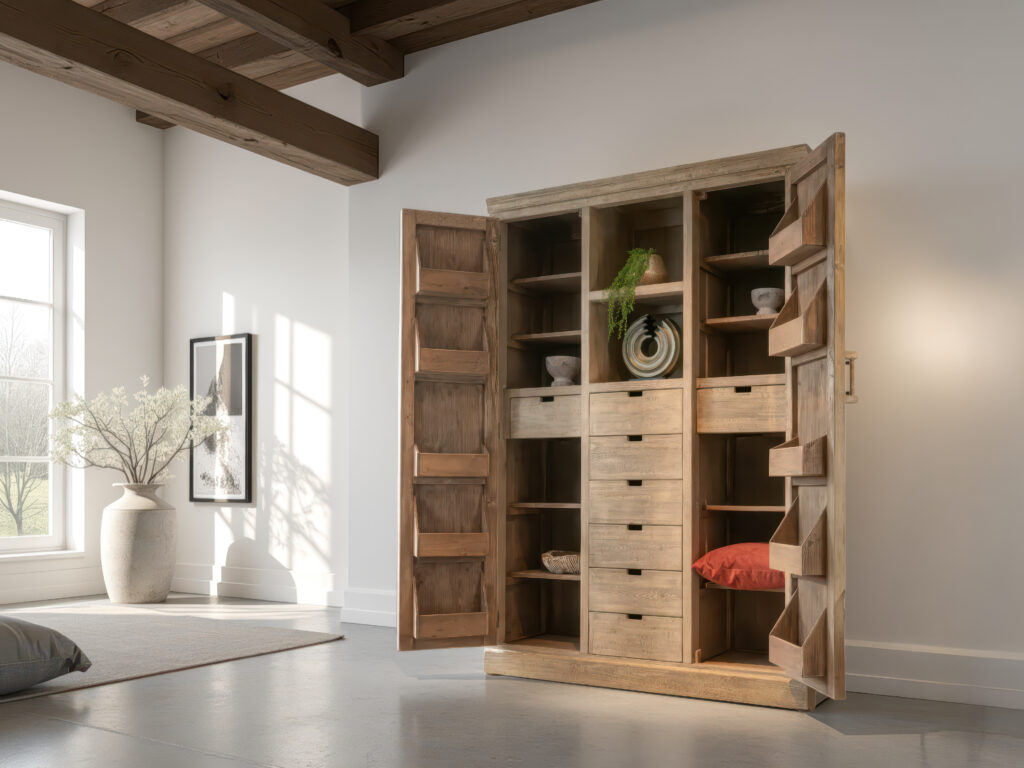 opbergkast met robuuste uitstraling, voorzien van een ladeblok en elegante opbergruimte achter deuren