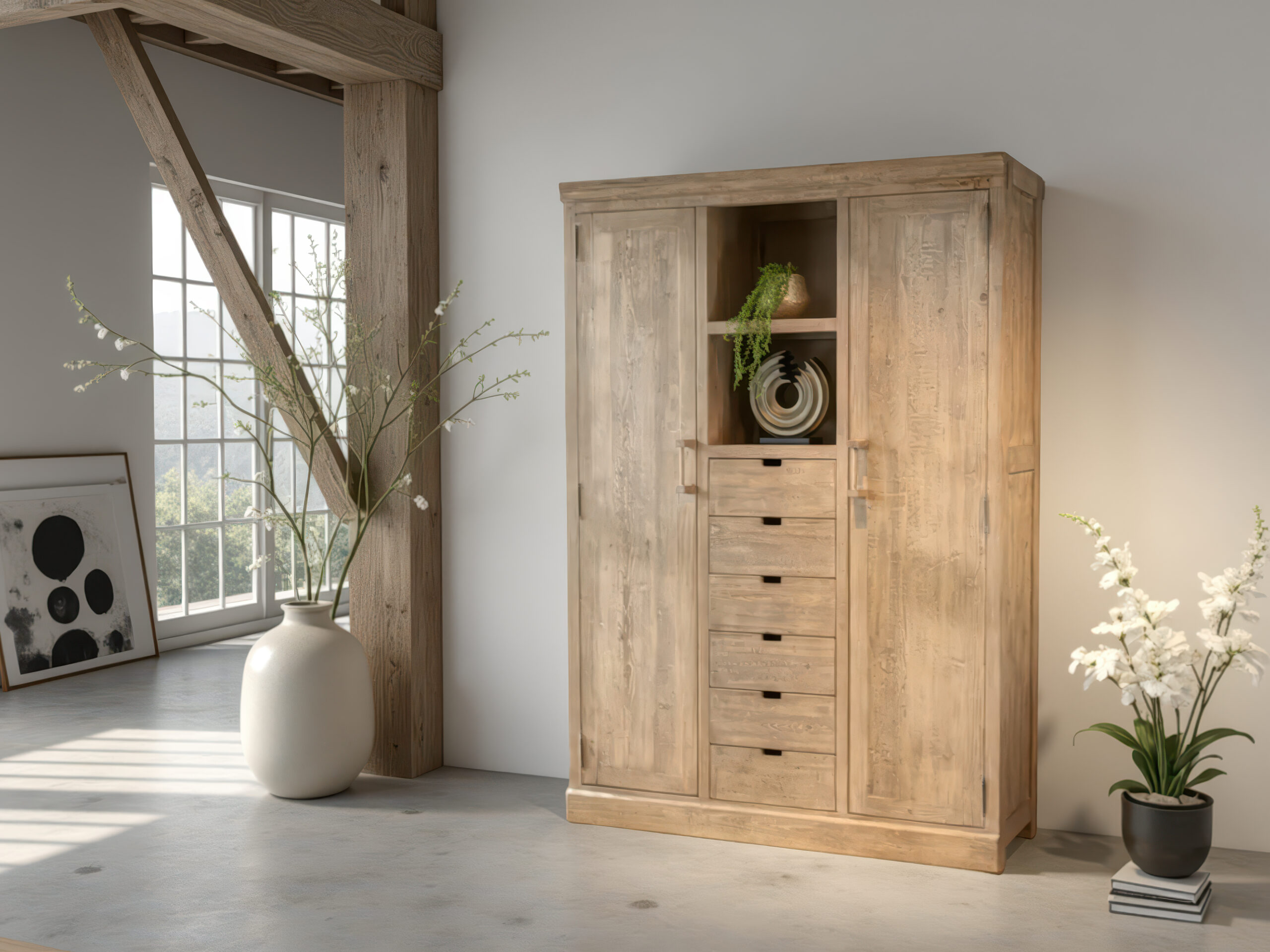 Massieve houten kast met open vak en karakteristieke houtstructuur van gerecycled Chinees hout