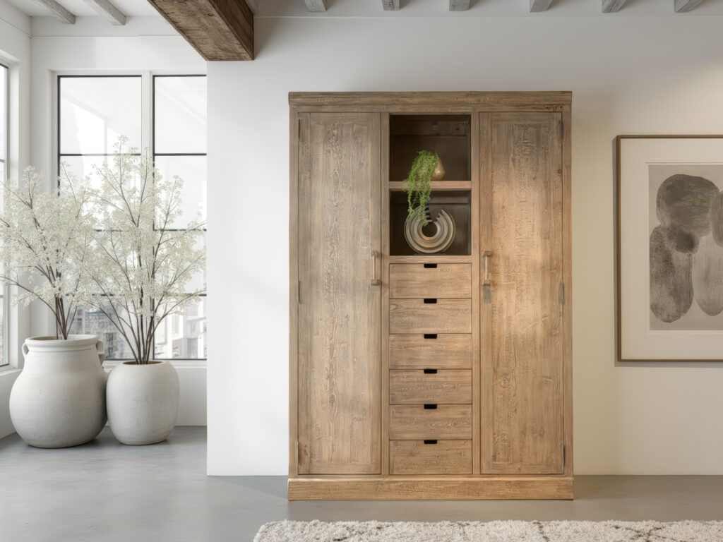 Hoge kast van oud Chinees hout met zes lades en twee deuren, afgewerkt in een warme naturel tint