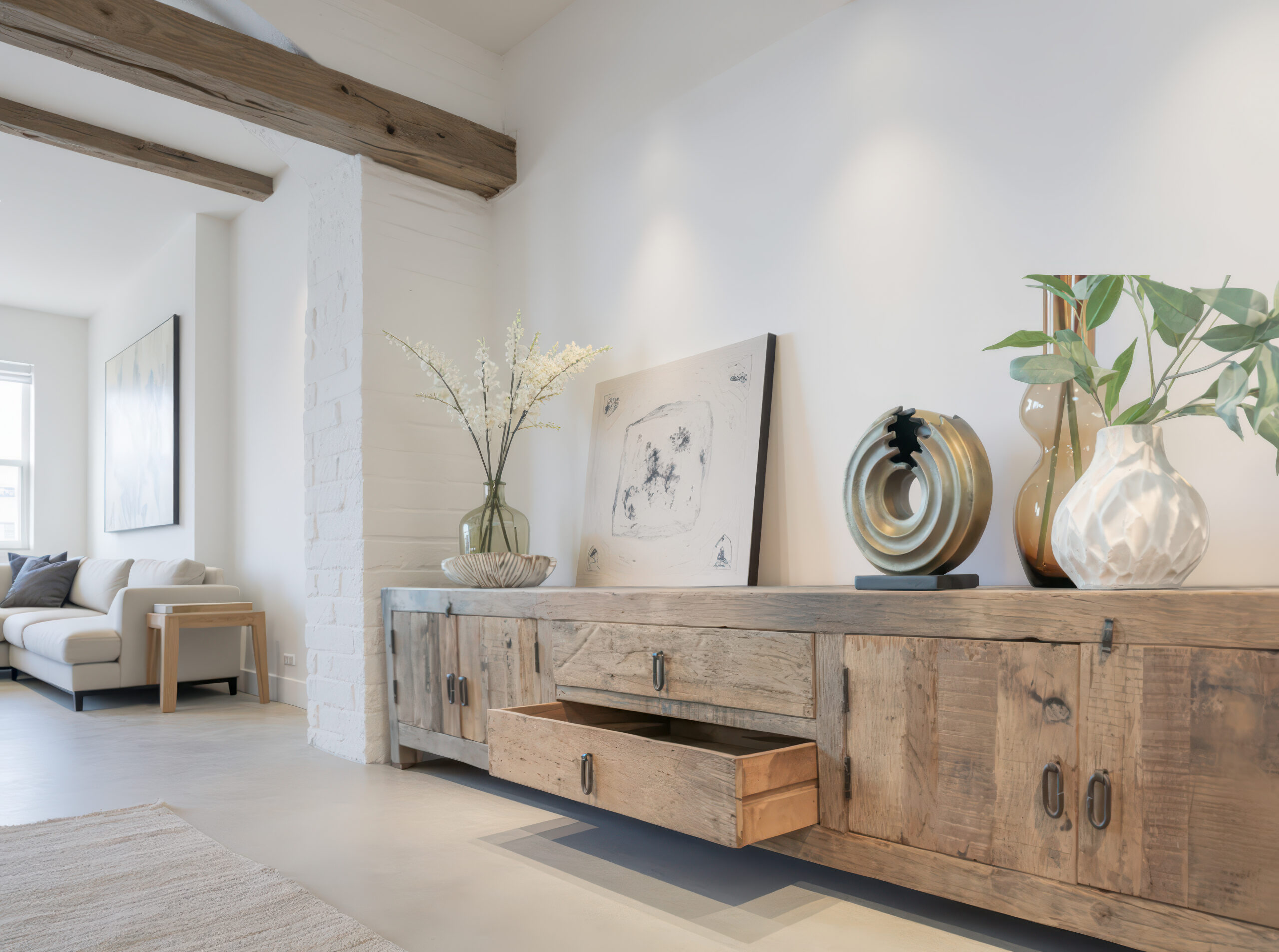 Handgemaakt houten tv-meubel met een verweerde afwerking