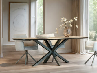 Moderne HPL eettafel met afgerond Deens ovaal blad en geometrisch onderstel