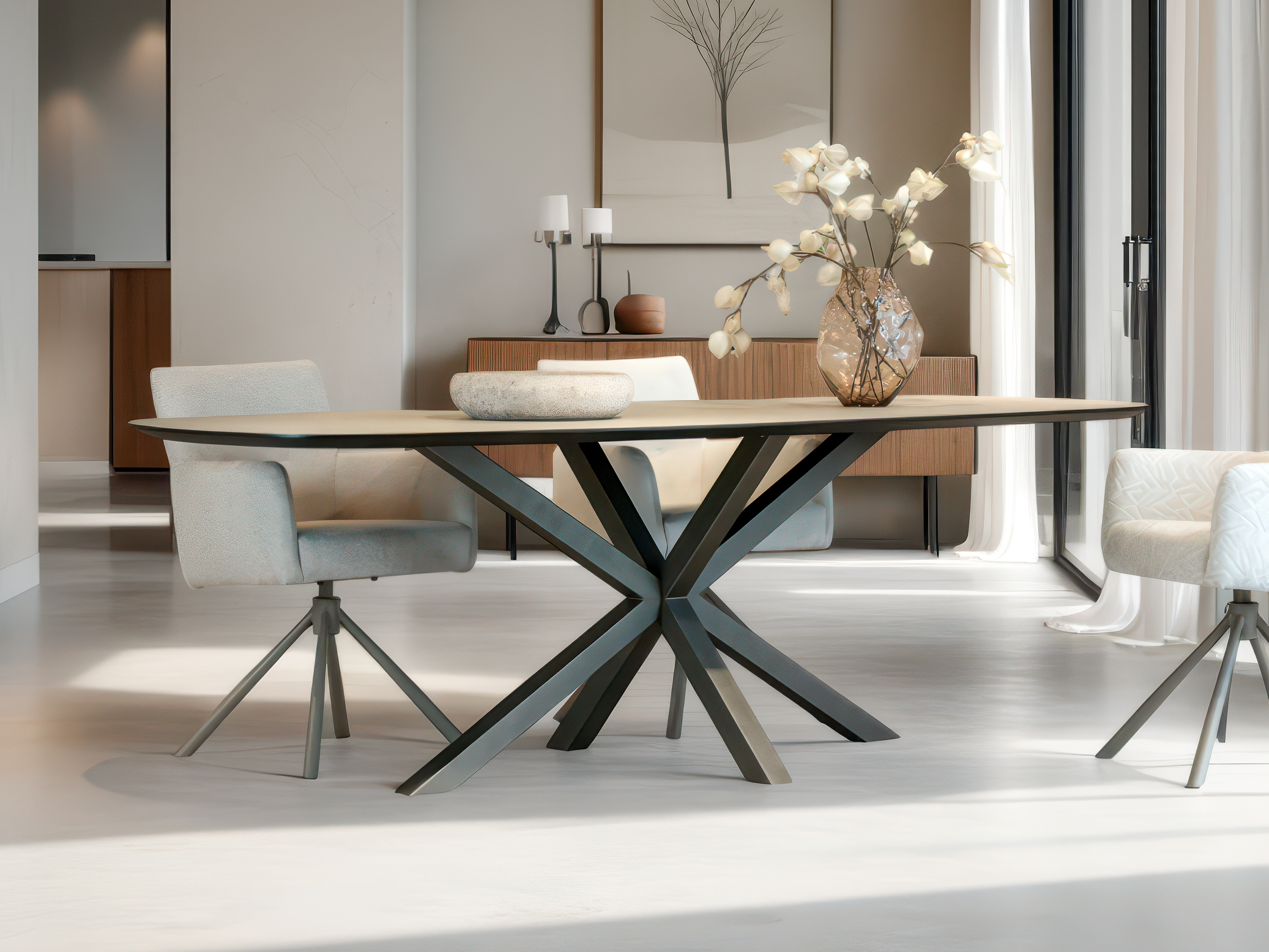 Deens ovale eettafel met HPL blad en sculpturaal metalen onderstel