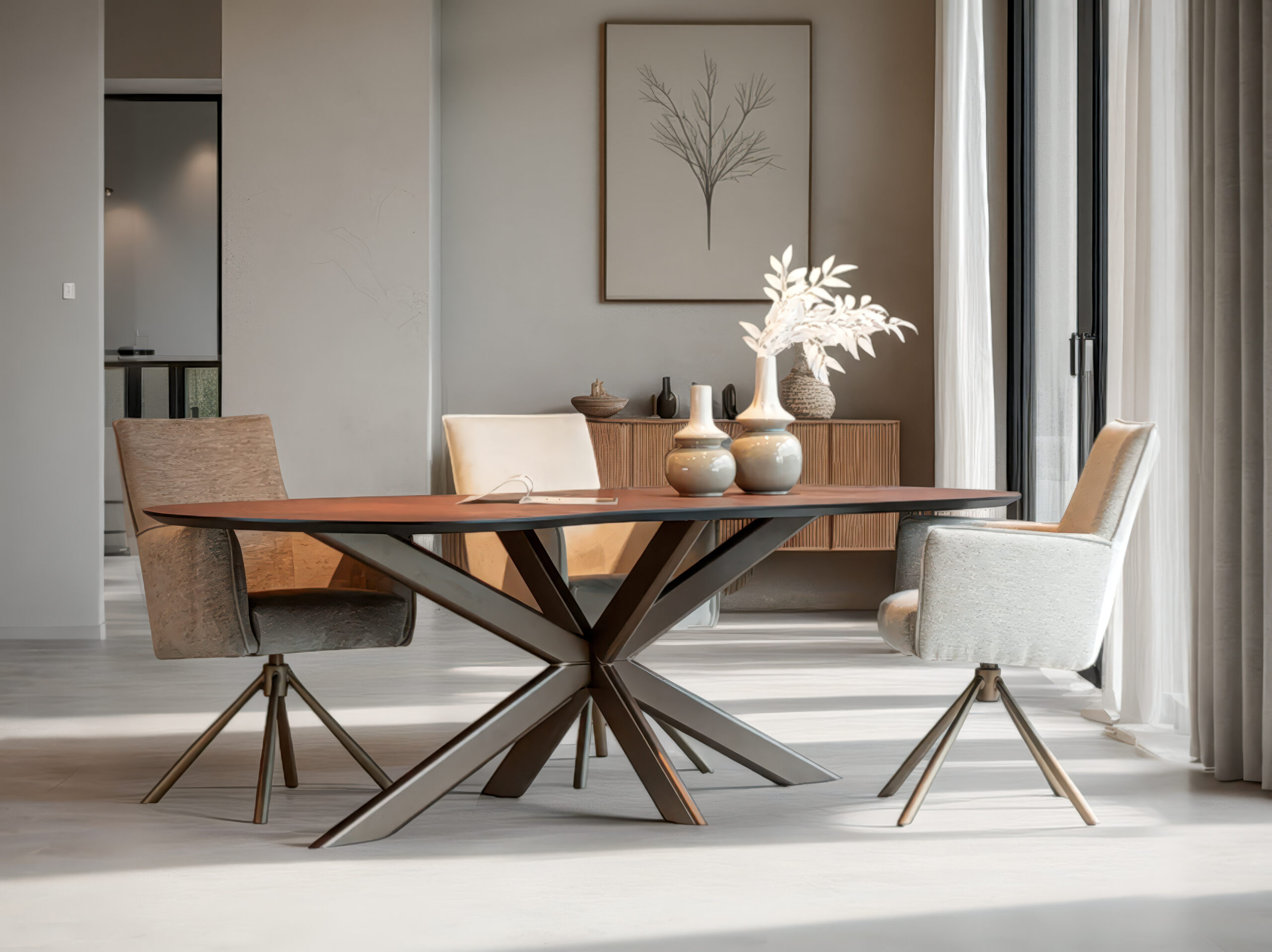 HPL eettafel met half ronde vorm en een grafisch metalen spinpootonderstel