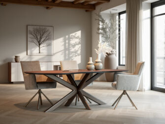 Design eettafel met dun HPL blad in halve ovale vorm en modern stalen onderstel