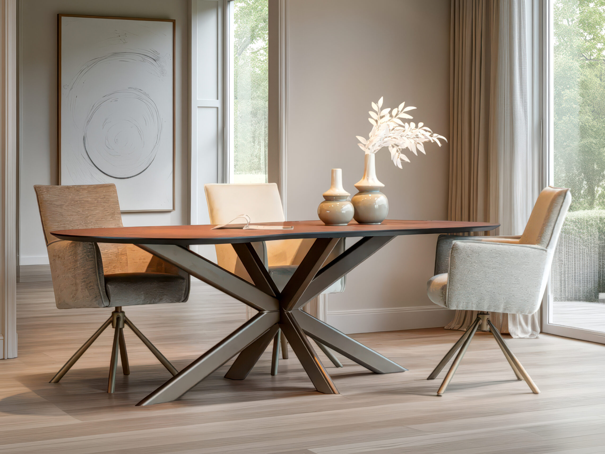 Half ronde eettafel met krasvast HPL blad en sculpturaal kruisvormig onderstel