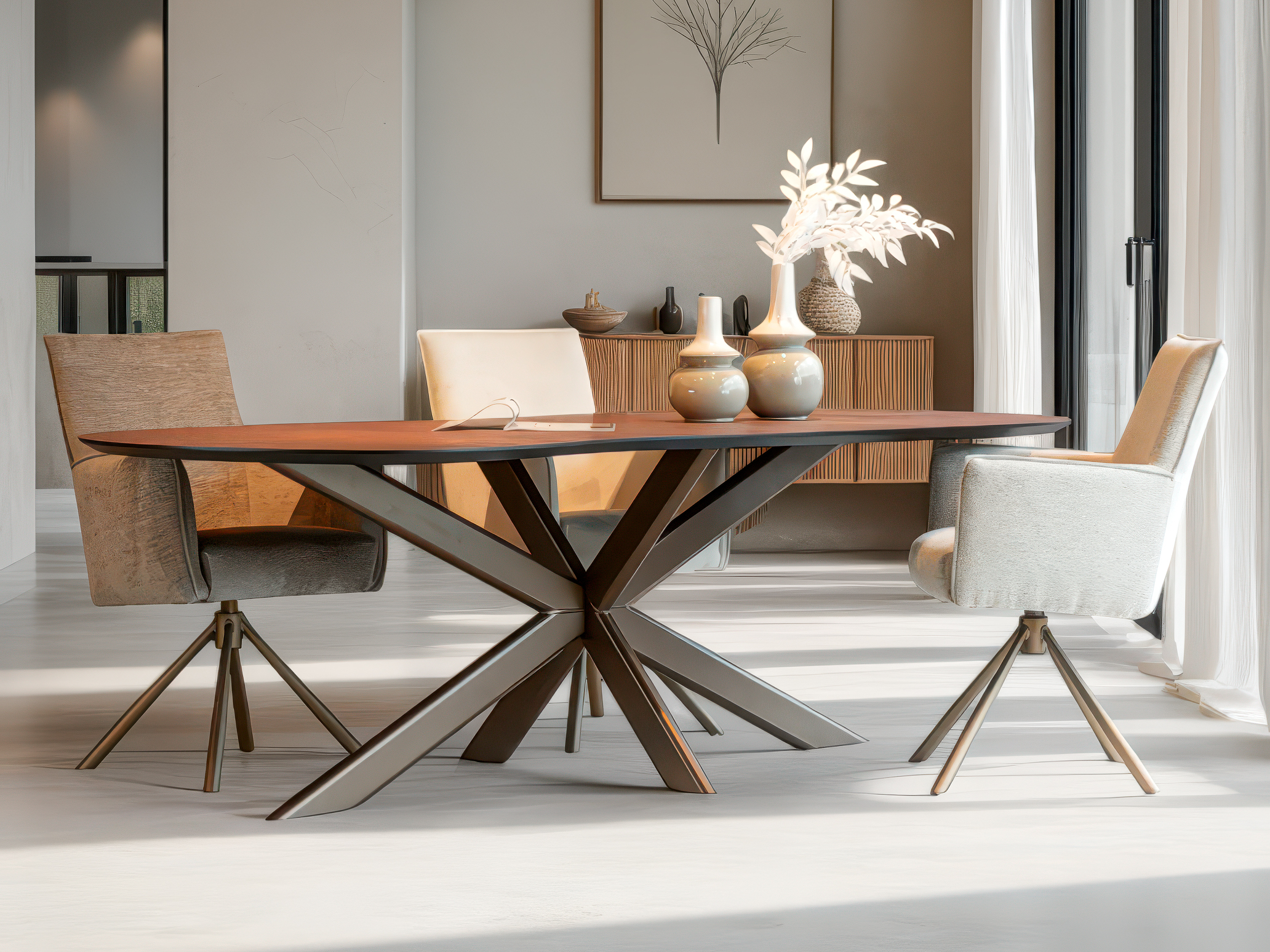 Stijlvolle eettafel met afgeronde bladvorm in HPL en een metalen pootconstructie