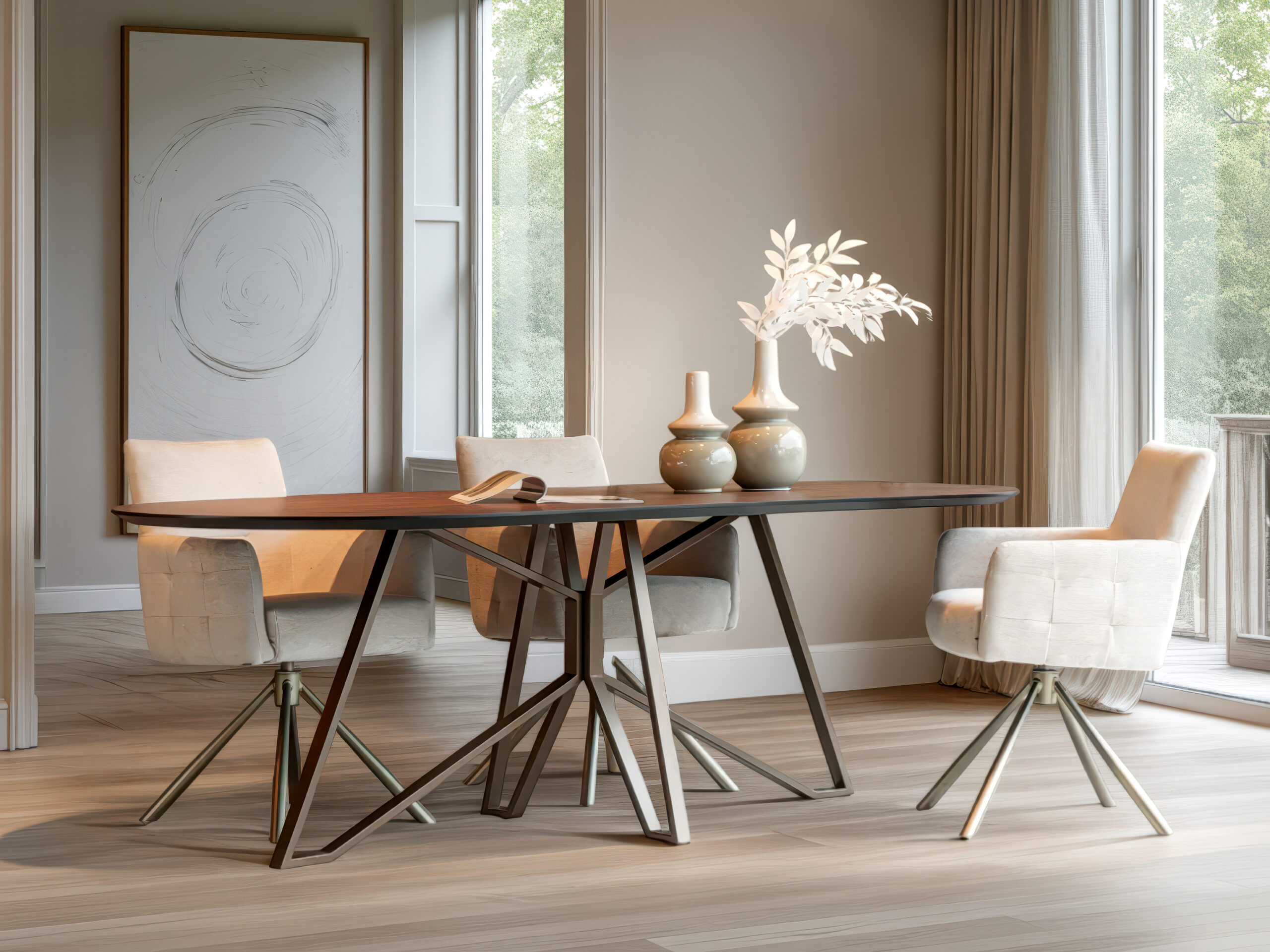 Half ronde eettafel met dun HPL blad en speels geometrisch metalen onderstel