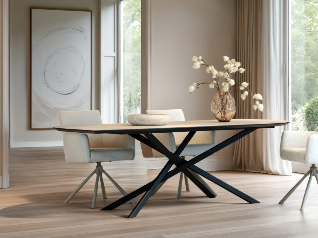 Eettafel met speels gevormd HPL blad en stevig gepoedercoat onderstel