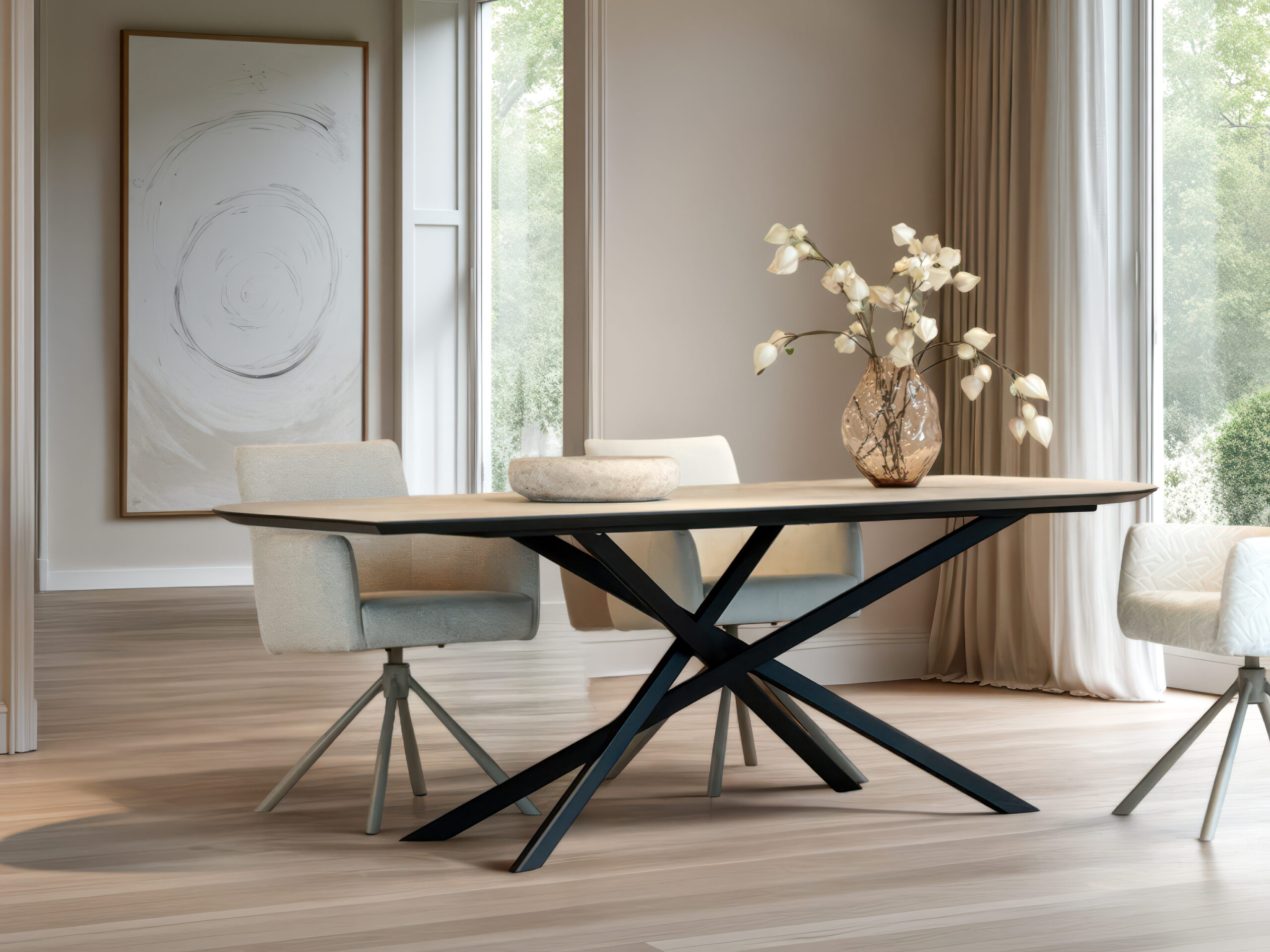 Eettafel met speels gevormd HPL blad en stevig gepoedercoat onderstel