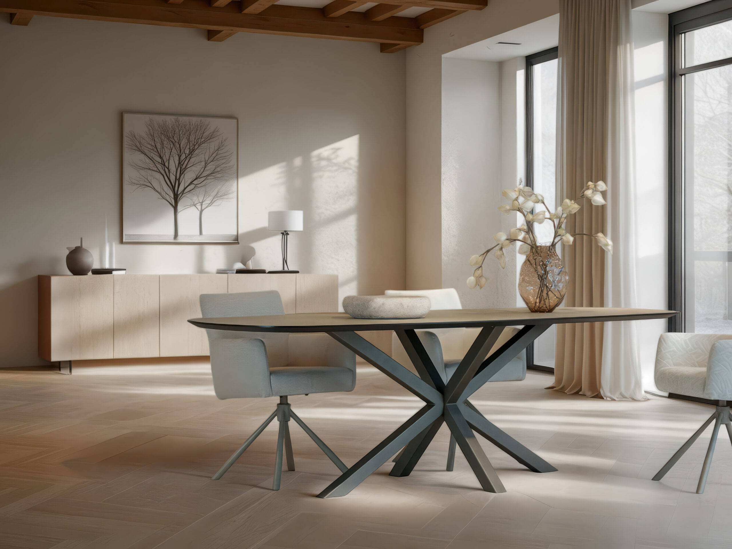 Eettafel met wing vorm blad van HPL en een krachtig metalen designonderstel