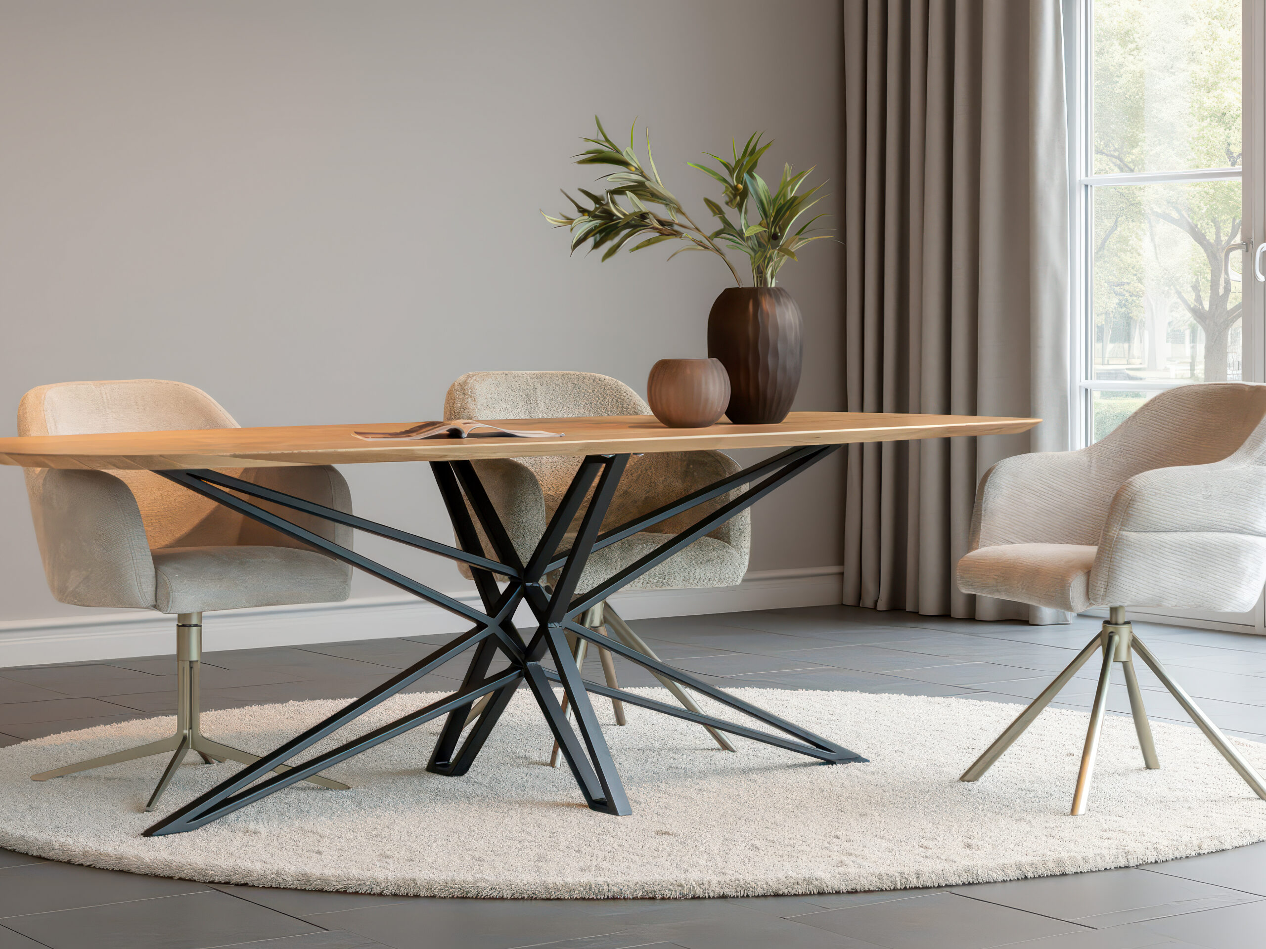 eetkamerstoel met ronde kuip in beige tint en champagne draaivoet