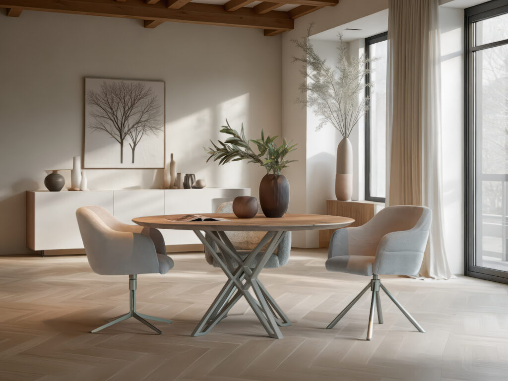 tafel met ronde vorm en verfijnde constructie in Scandinavische stijl