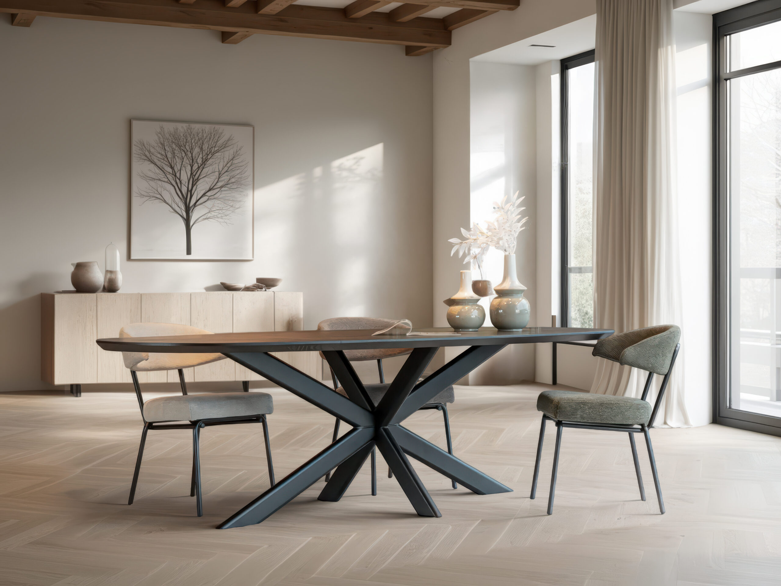 Design eettafel met stervormige zwarte metalen poot en afgerond blad