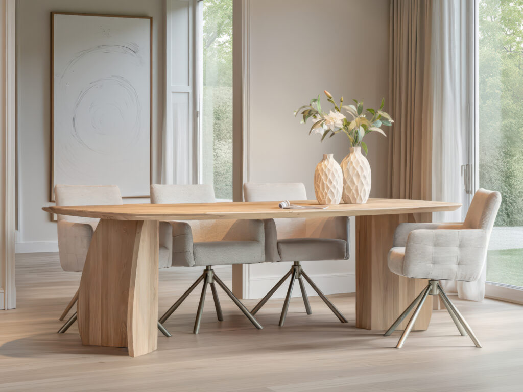Strakke eikenhouten tafel met organisch gevormde poten