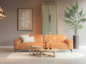 Bank Madeira - africa leer walnut - 4 zits - met onze salontafels Bayonne walnoot kleurige bank