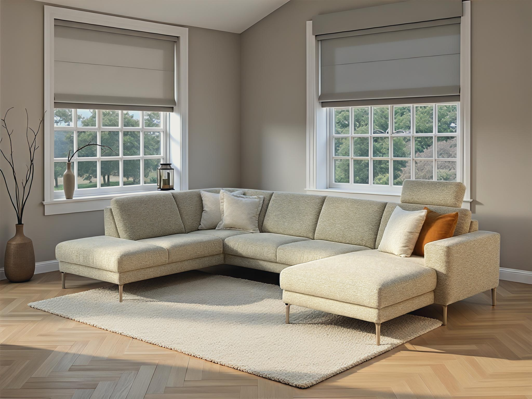 Moderne hoekbank in beige stof met chaise longue en ruime zitplaatsen