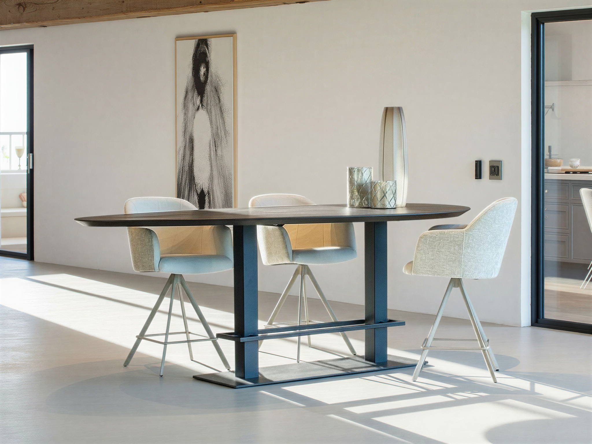 Bartafel Nyons - 260x130cm - kiezel a - night glow - verjongd - met onze barkrukken Alcon