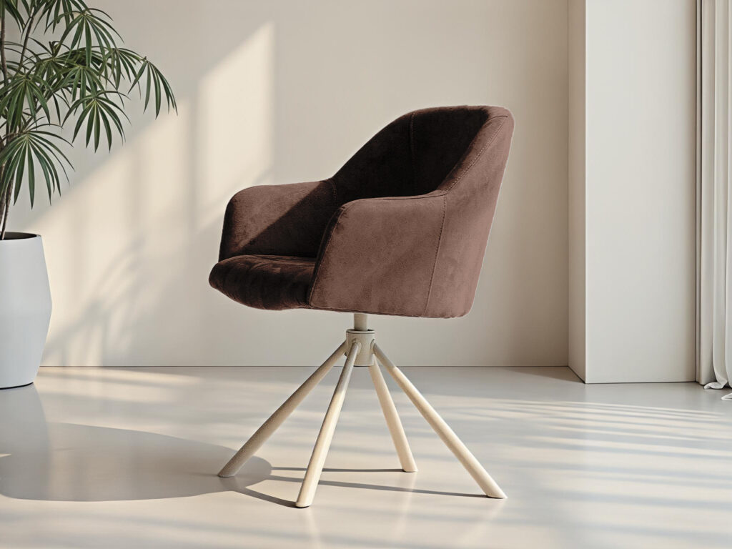 Moderne kuipstoel in bruine bekleding op een elegant draaibaar vierpootonderstel