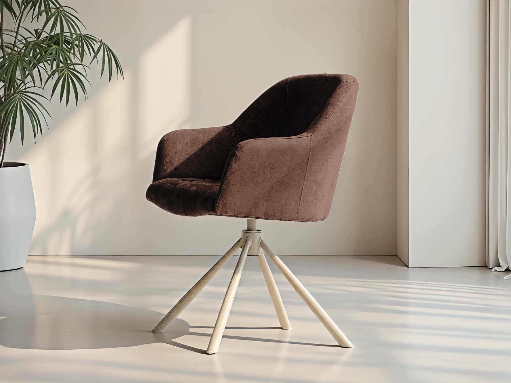 Moderne kuipstoel in bruine bekleding op een elegant draaibaar vierpootonderstel