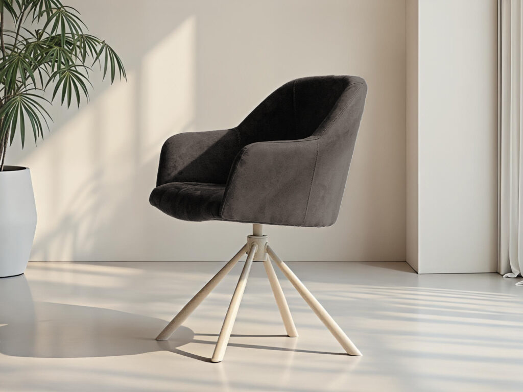 Zitstoel met ronde rug in warm grijze tinten en stevig buisframe