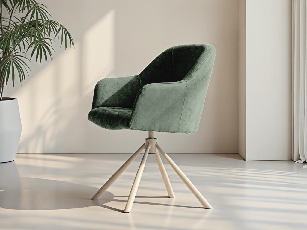 Compacte eetkamerstoel met industrieel onderstel in gekleurd staal en subtiele bekleding