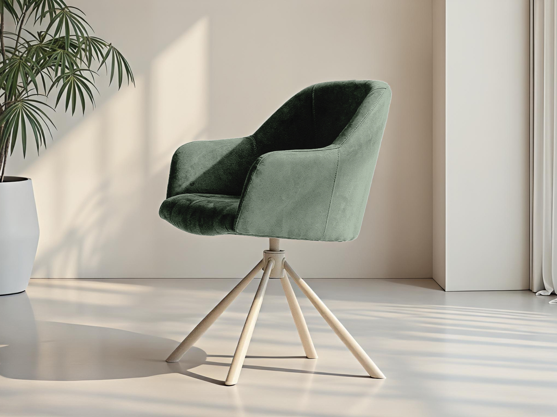 Compacte eetkamerstoel met industrieel onderstel in gekleurd staal en subtiele bekleding