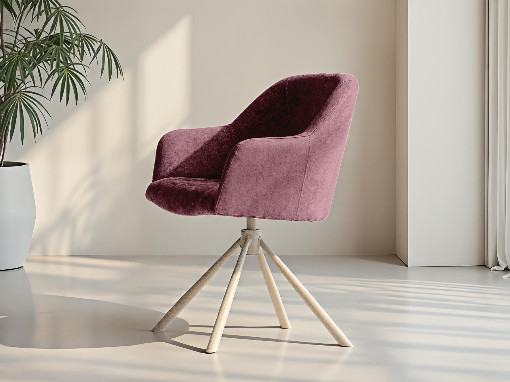 Chique eetkamerstoel in fluweelachtig wijnrode op een subtiel draaiend stervormig voetstuk