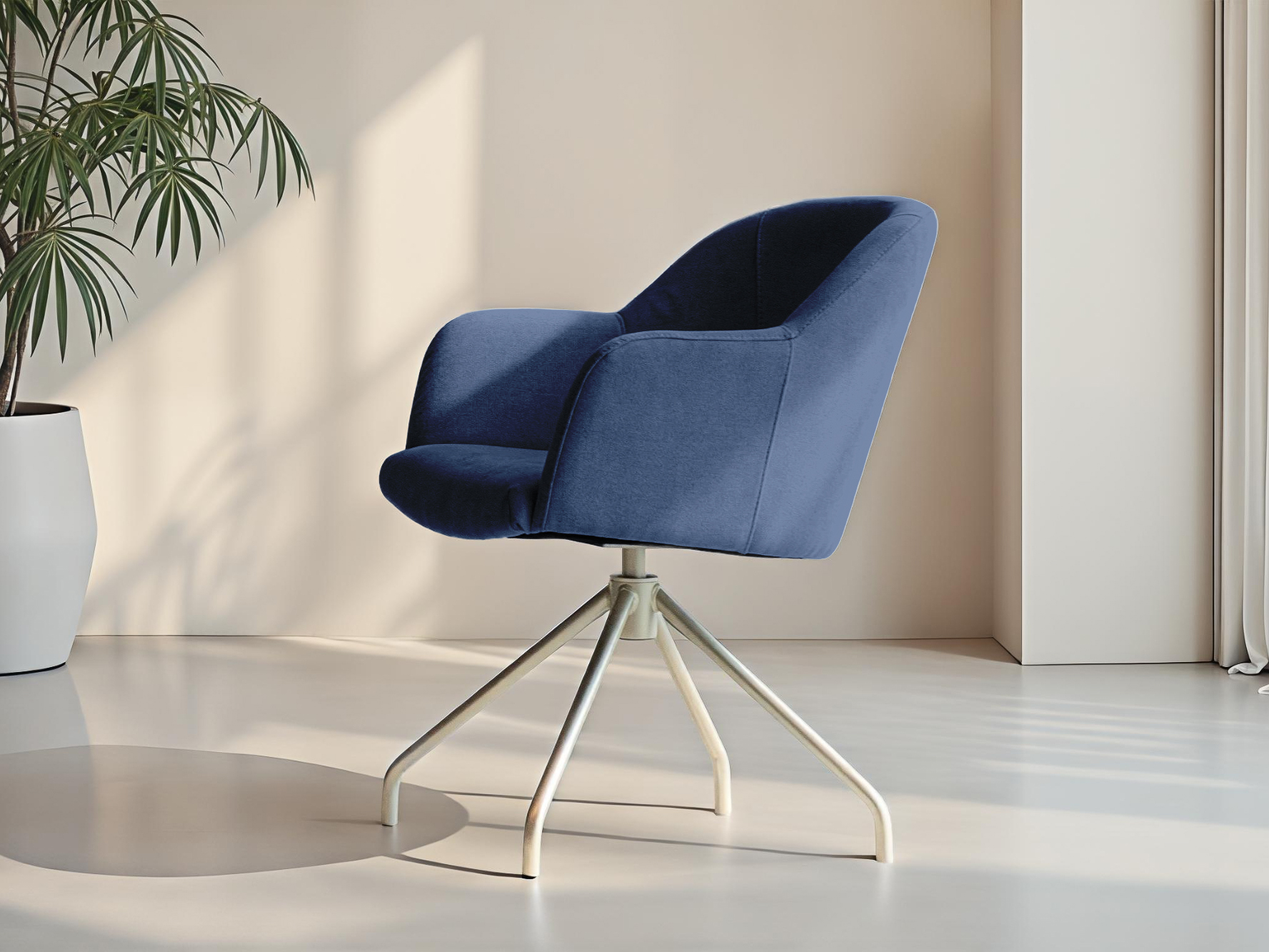 Diepblauwe eetkamerstoel met fluwelen look en moderne vormen