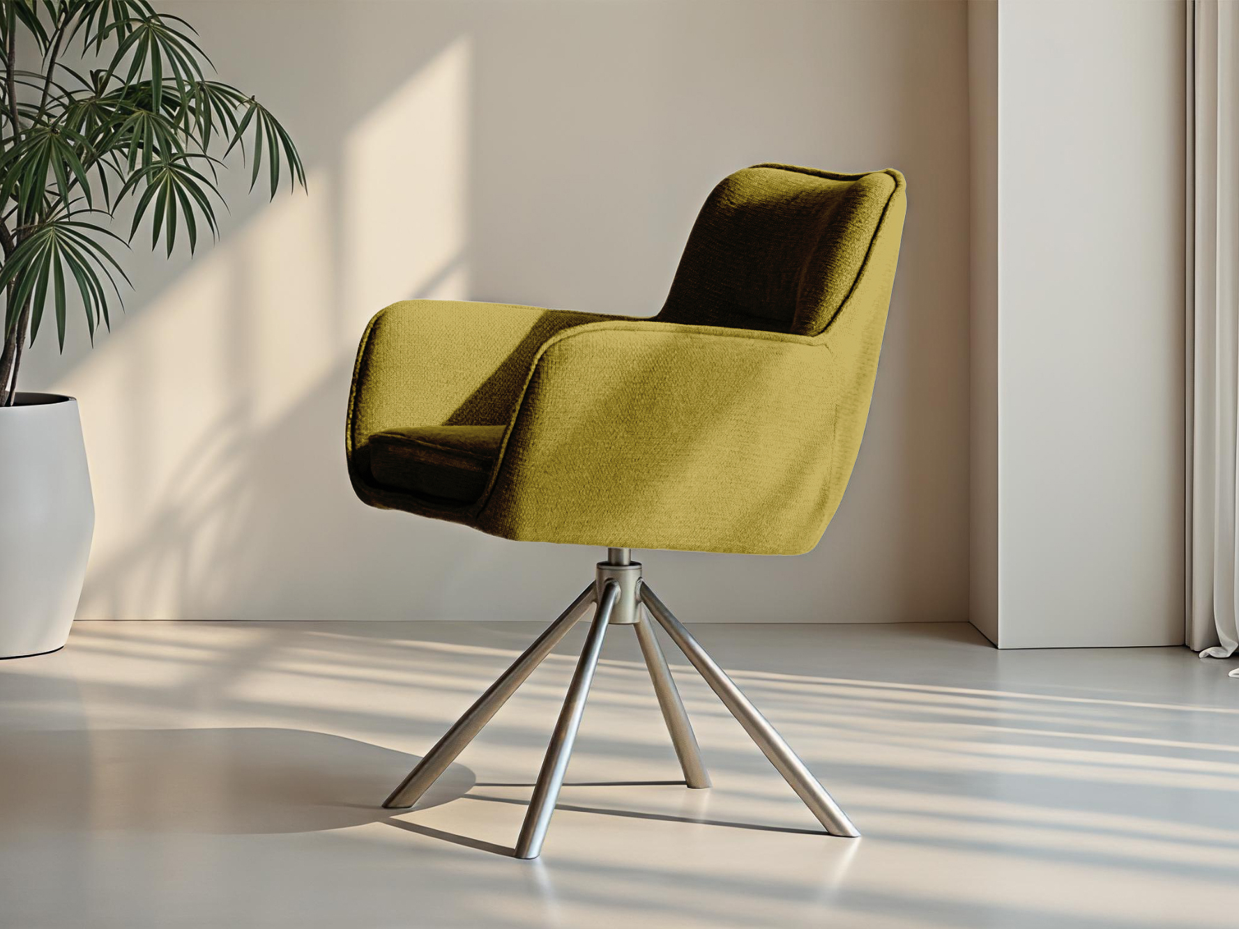 Eetkamerstoel met frisse groene bekleding en minimalistische uitstraling