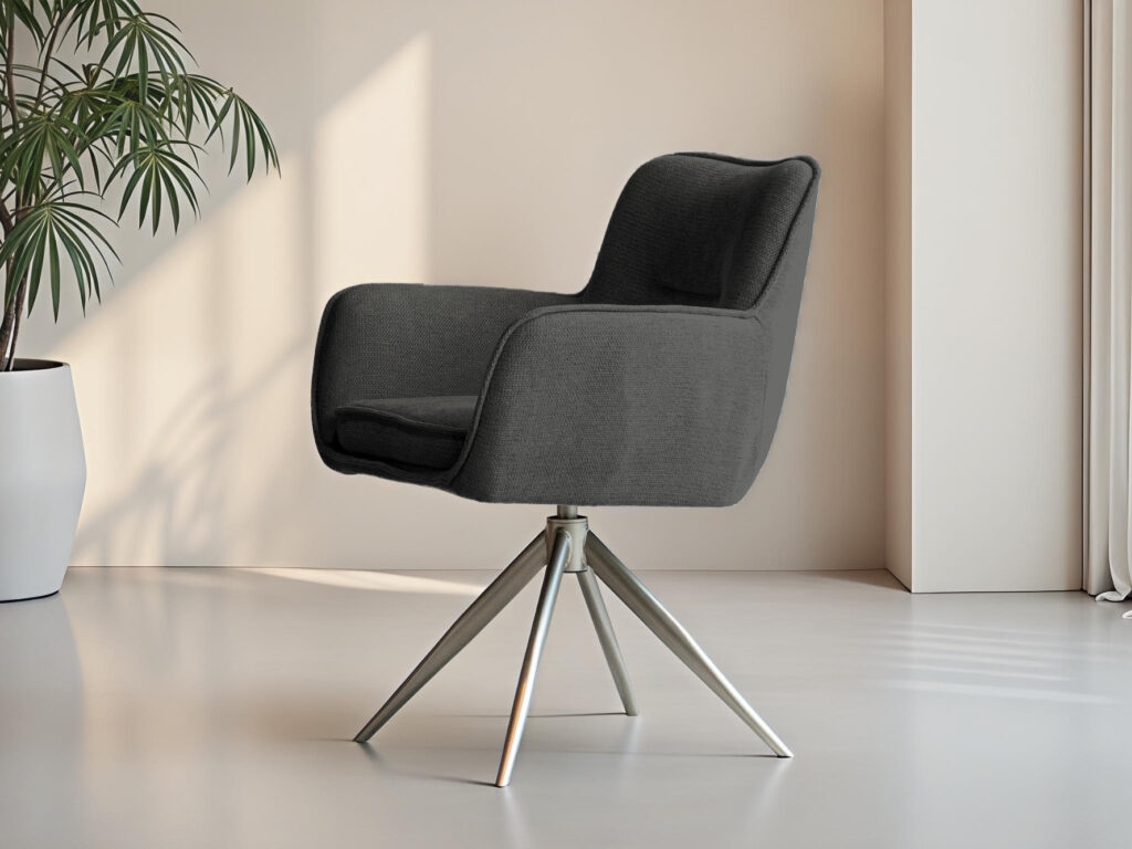 Designstoel in donkere tint met rechte, slanke poten in licht metaal