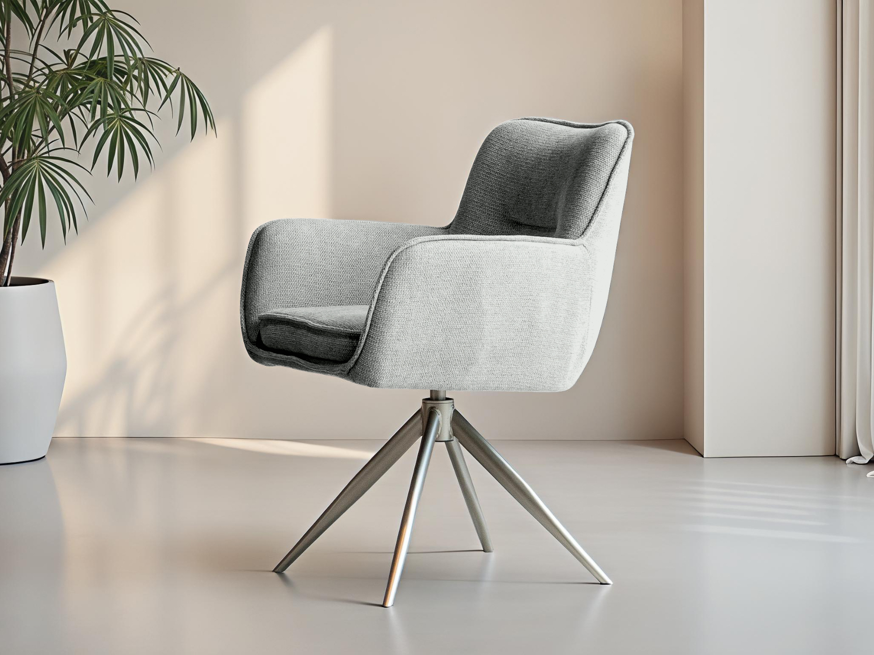 Eetkamerstoel in grijs wit met een beige metalen kruispootonderstel