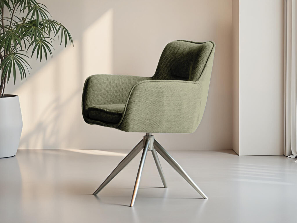 Eetkamerstoel met ronde vormen en stabiele metalen voet in een zachte tint