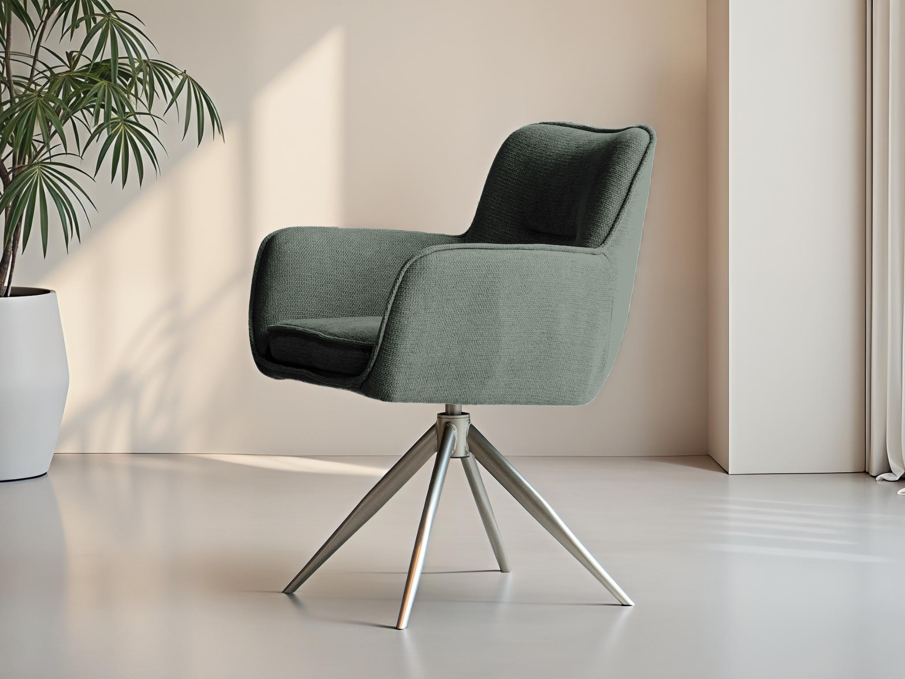 Warme groen kleurige eetkamerstoel met vierpoots metalen frame