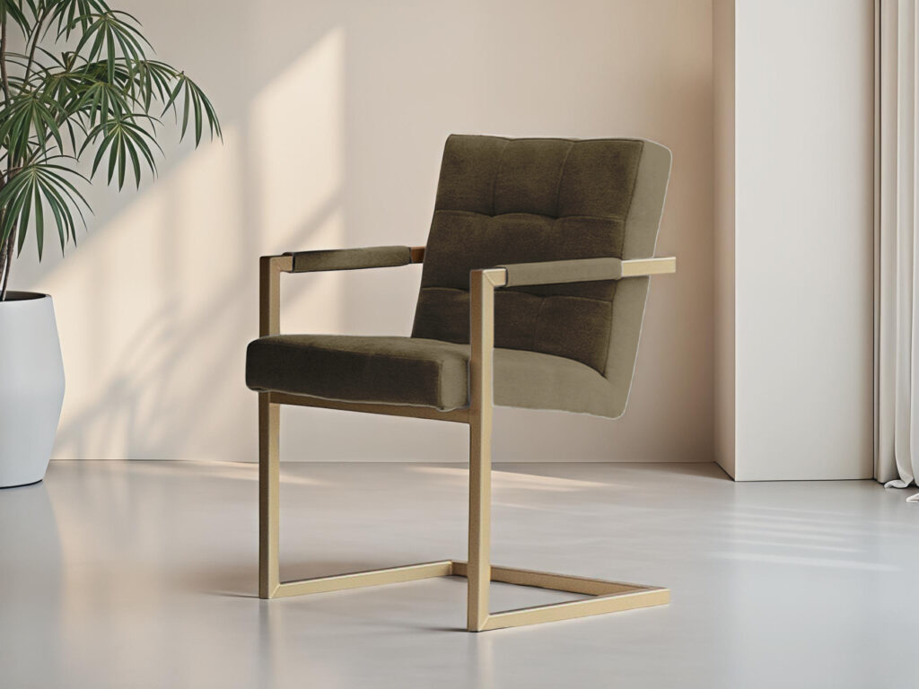 Warm groene eetkamerstoel met moderne uitstraling en armleuningen