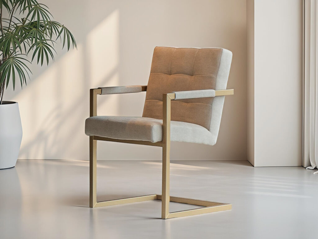 Luxe grijs achtige eetkamerstoel met sledeframe en comfortabele zit