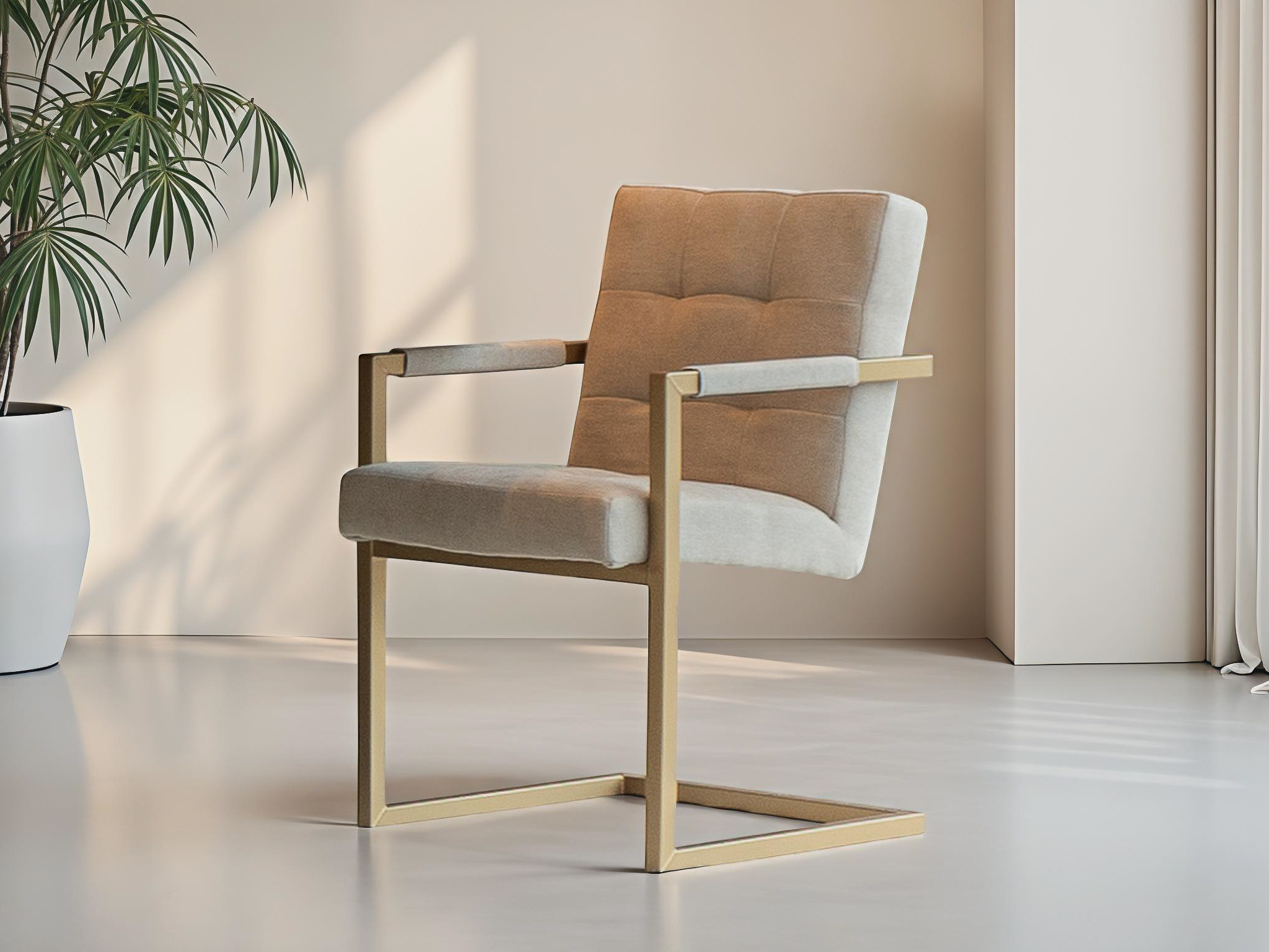 Luxe grijs achtige eetkamerstoel met sledeframe en comfortabele zit