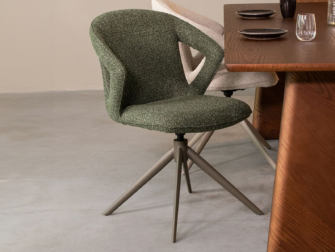 Eetkamerstoel in Forest Bouclé met donkergroen metalen onderstel, 360 graden draaibaar