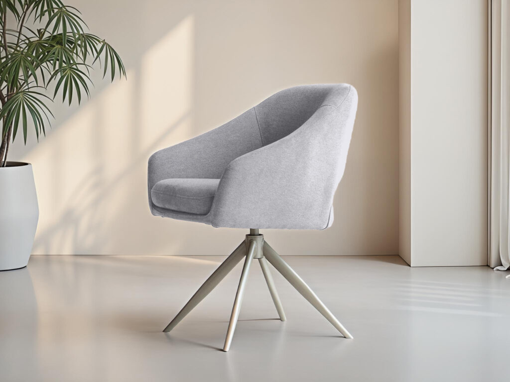 Lichtgrijze eetkamerstoel op draaivoet, met een moderne uitstraling en een zachte textuur
