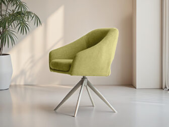 Eetkamerstoel Doriana - Eppic select moric lime - onderstel t - metaalkleur sunstone Eetkamerstoel met frisse limoengroene stof en slanke draaibare poot