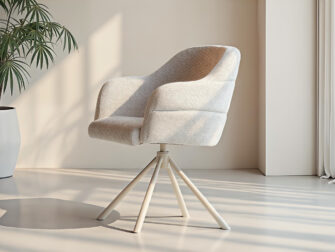 Eetkamerstoel met ronde vormen en stabiele metalen voet in een zachte tint