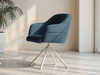 Blauwe eetkamerstoel met comfortabele rugleuning en moderne vierpoot