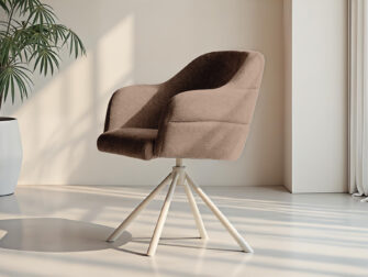 Gestoffeerde kuipstoel in bruin met gekleurde metalen poten in kruisvorm