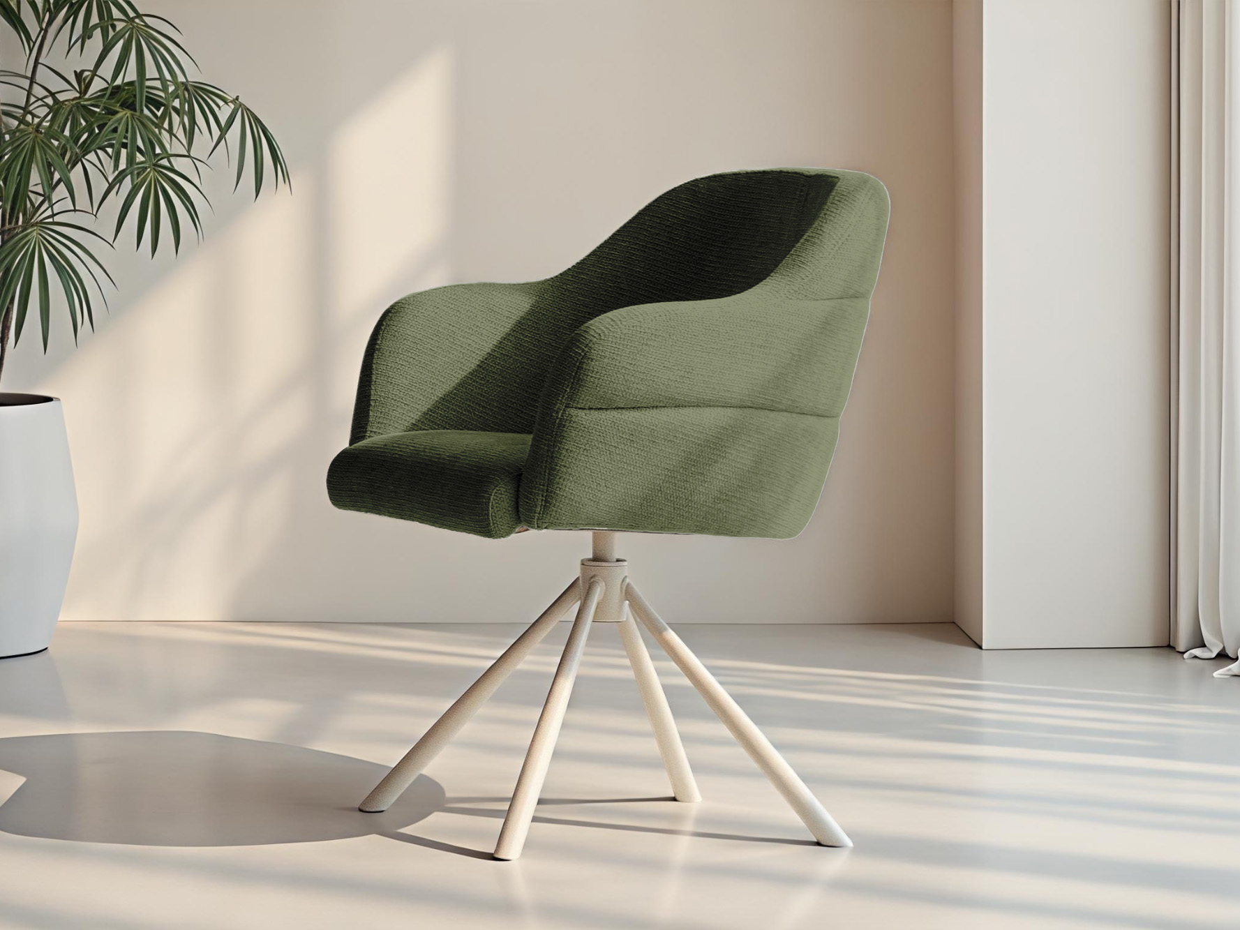 kuipstoel in huntergroen met draaibare, moderne voetstructuur
