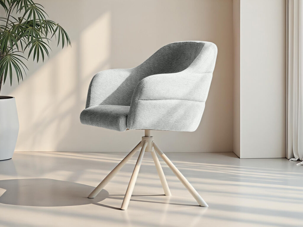 Neutrale eetkamerstoel met hoge rug op een gekleurde metalen draaivoet