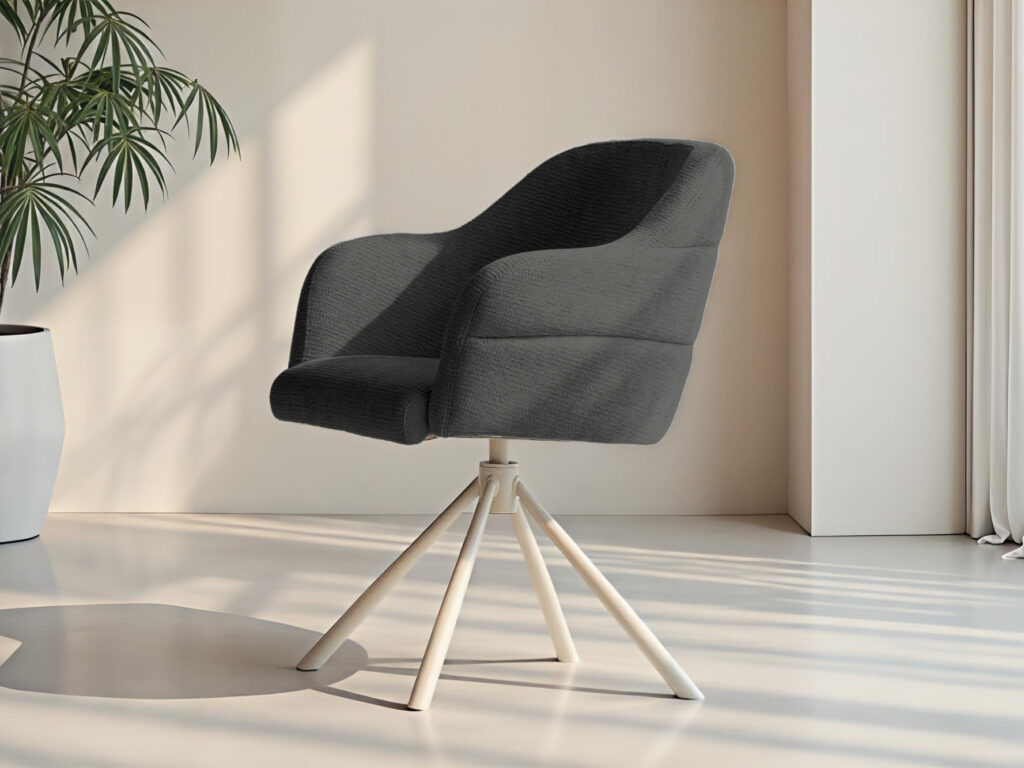 Zitstoel in warme zwarte tint met rondingen, gekleurd onderstel in moderne look