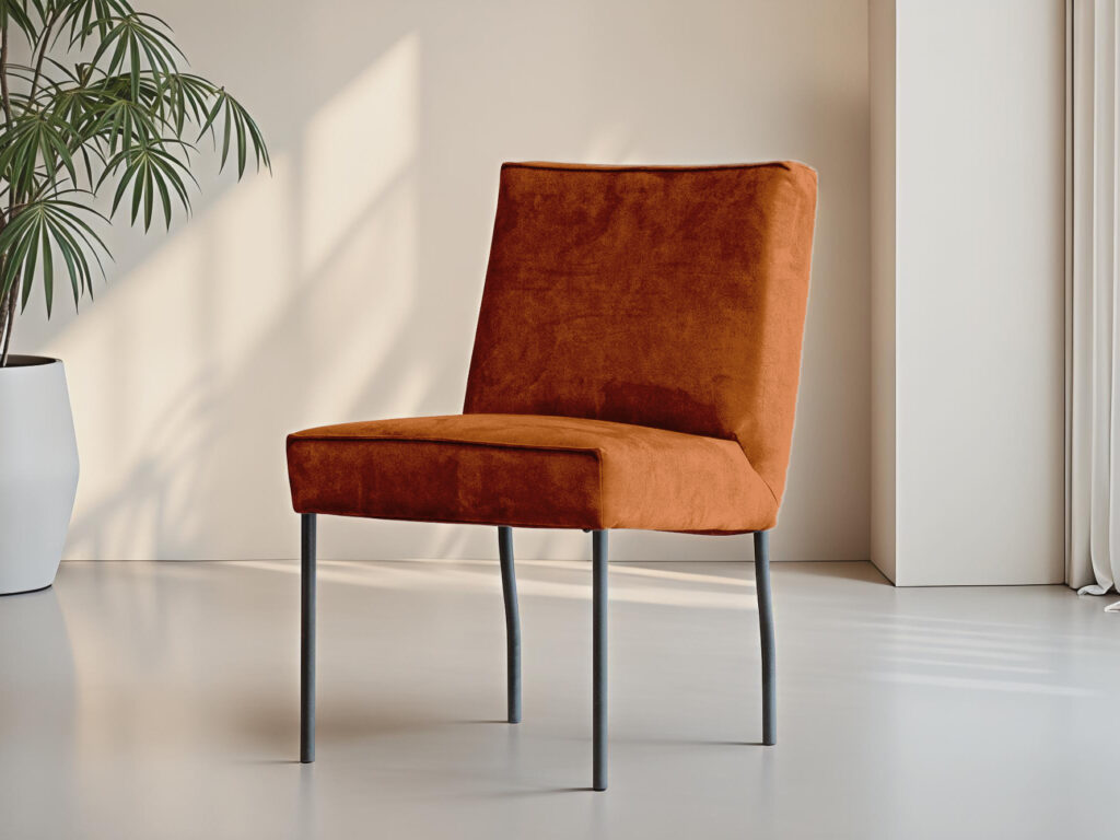 Cognac eetkamerstoel met zwarte metalen pootjes en stevige zitting