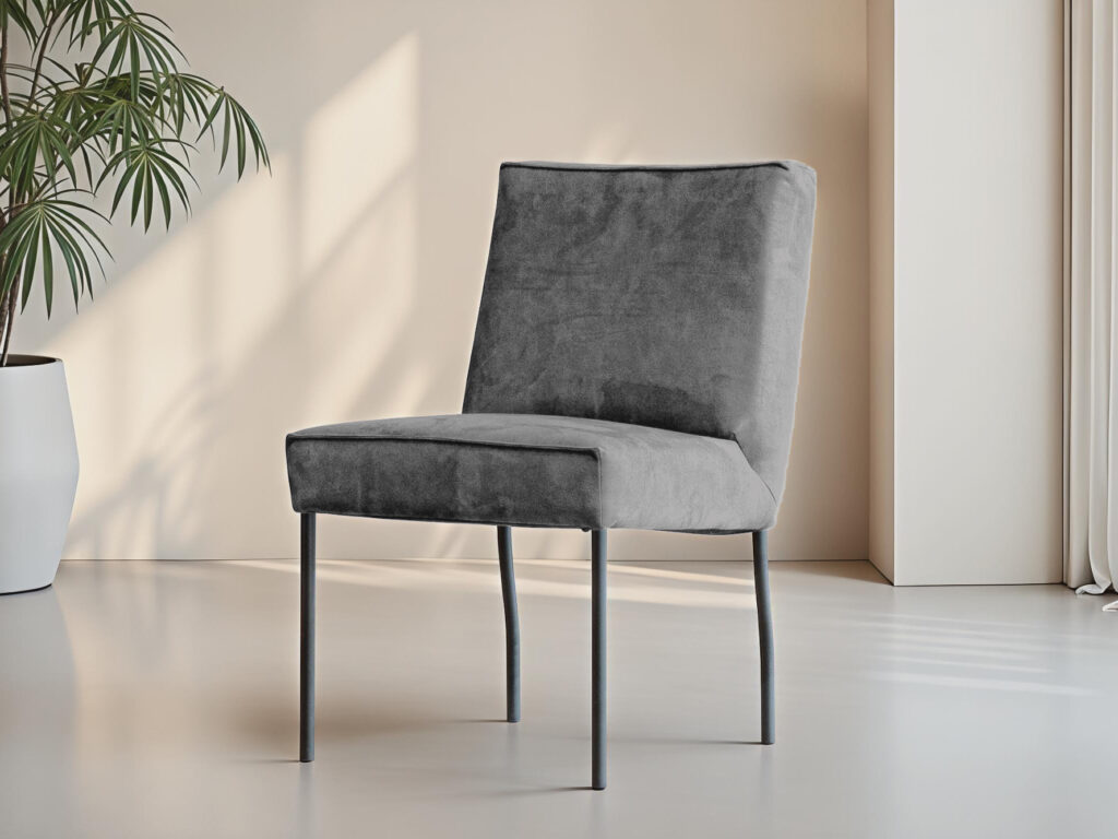 Elegante eetkamerstoel met smalle zwarte pootjes en comfortabele suède zitting