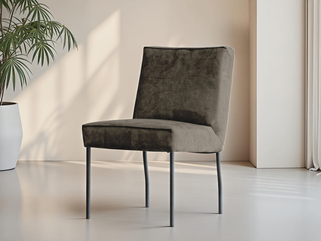 Luxe eetkamerstoel zonder armleuningen met smalle pootjes en zachte bekleding