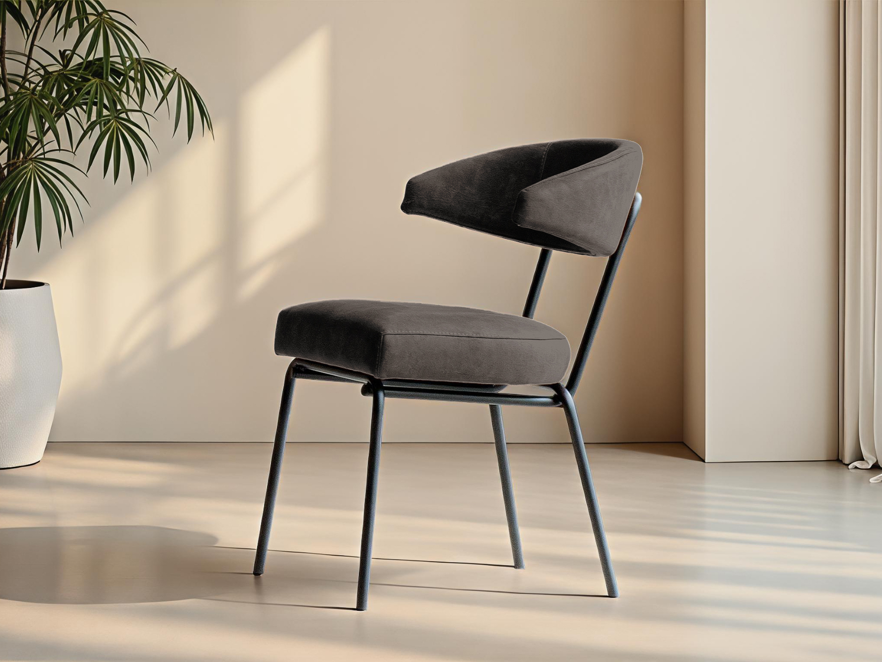 Eetkamerstoel in antraciet bekleding met moderne ruglijn en zwart frame