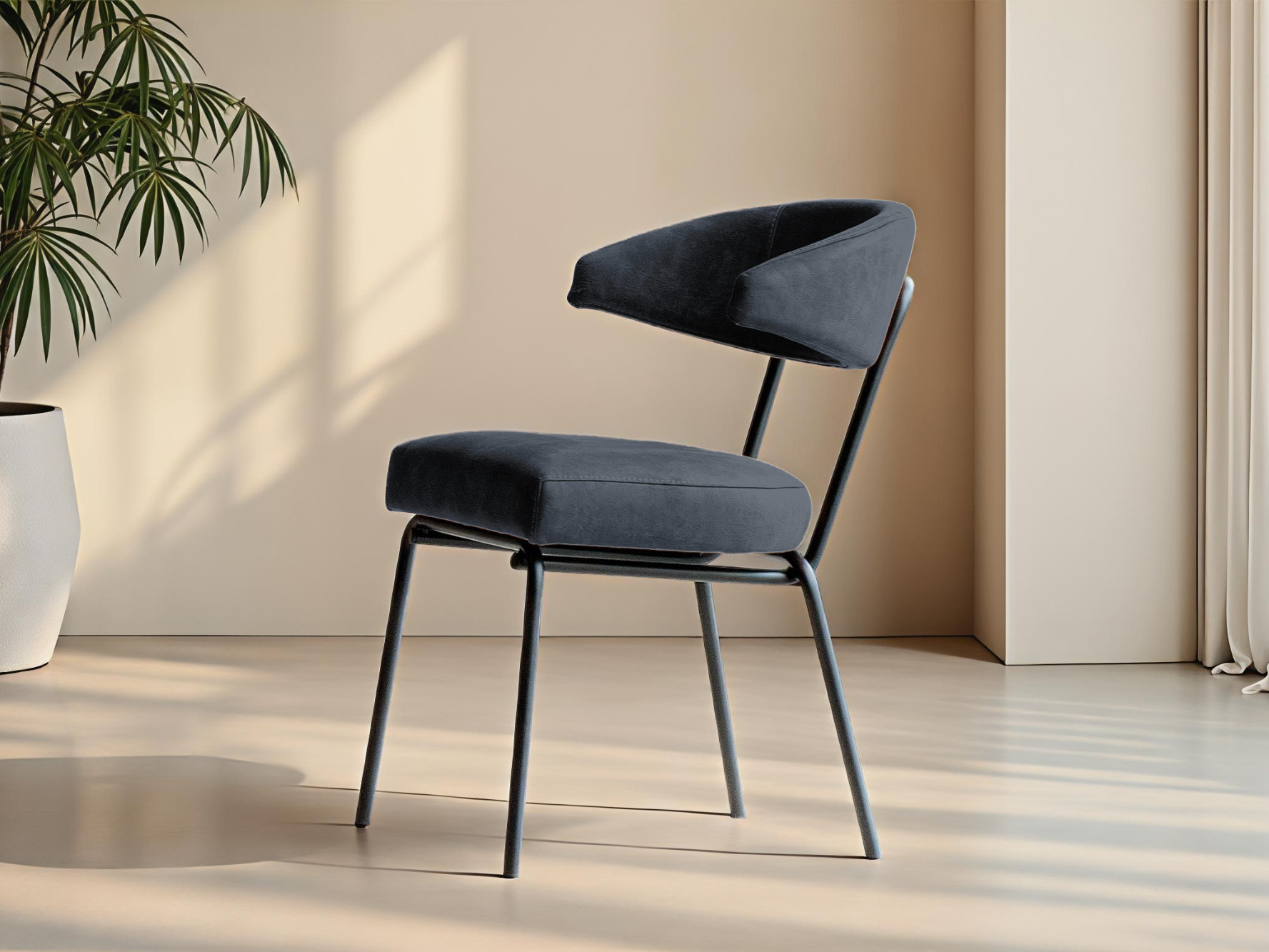 Eetkamerstoel in blauwgrijze tint met zwart onderstel en moderne look